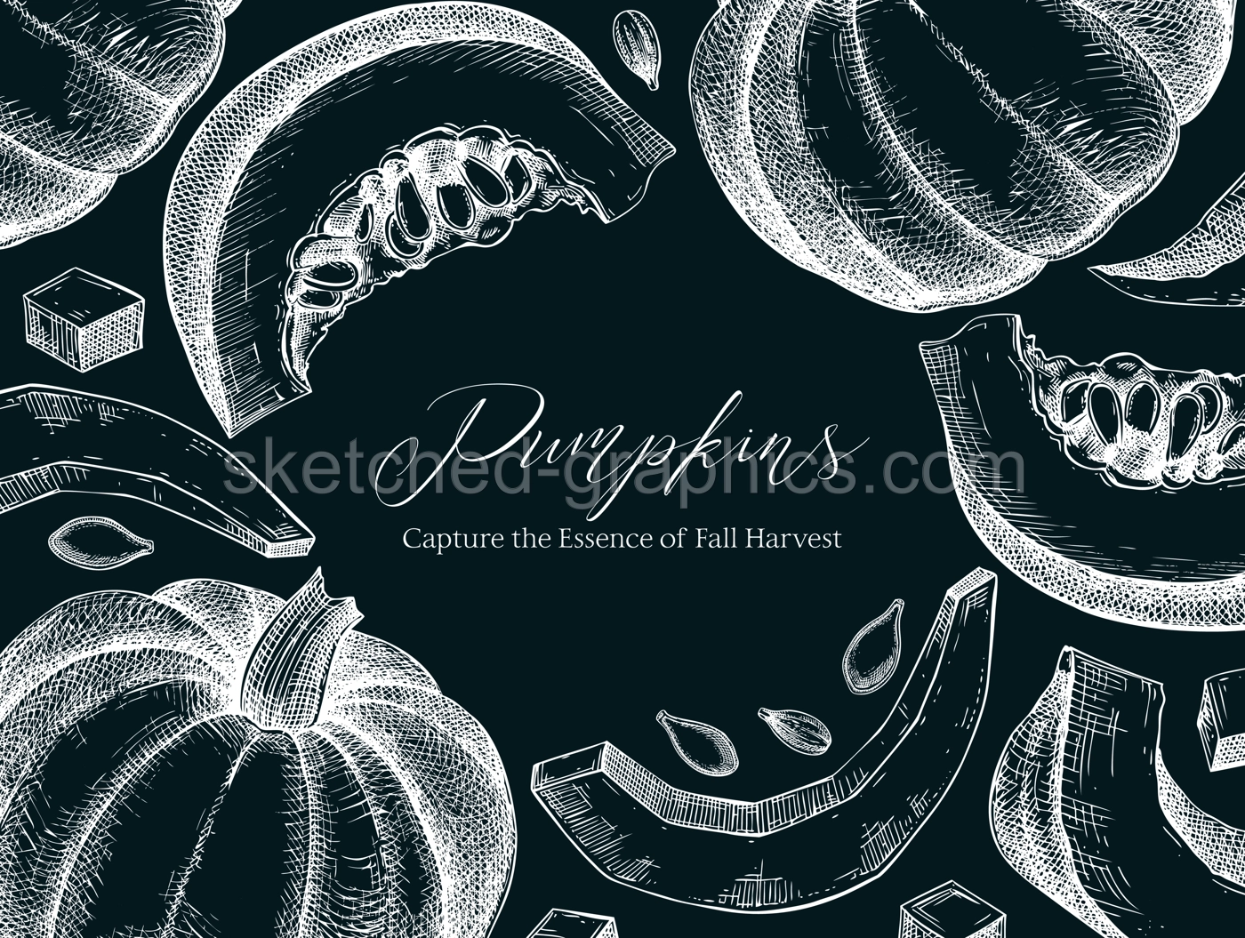 Pumpkin frame design. Autumn vegetables hand-drawn vector illustrations on chalkboard. Vintage Thanksgiving background. NOT AI generated Illustration